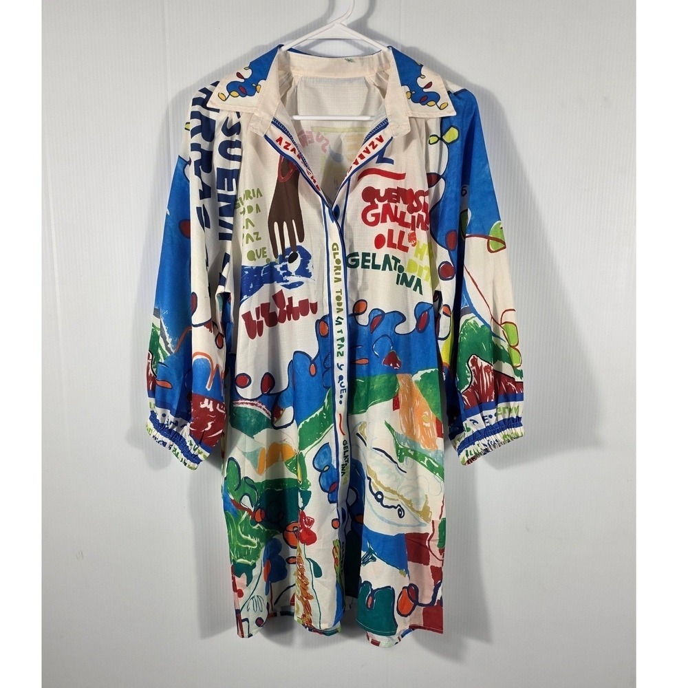 Vintage Style Abstract Graphic Print Button Front Tunic Mini Dress Multicolor - Picture 2 of 13